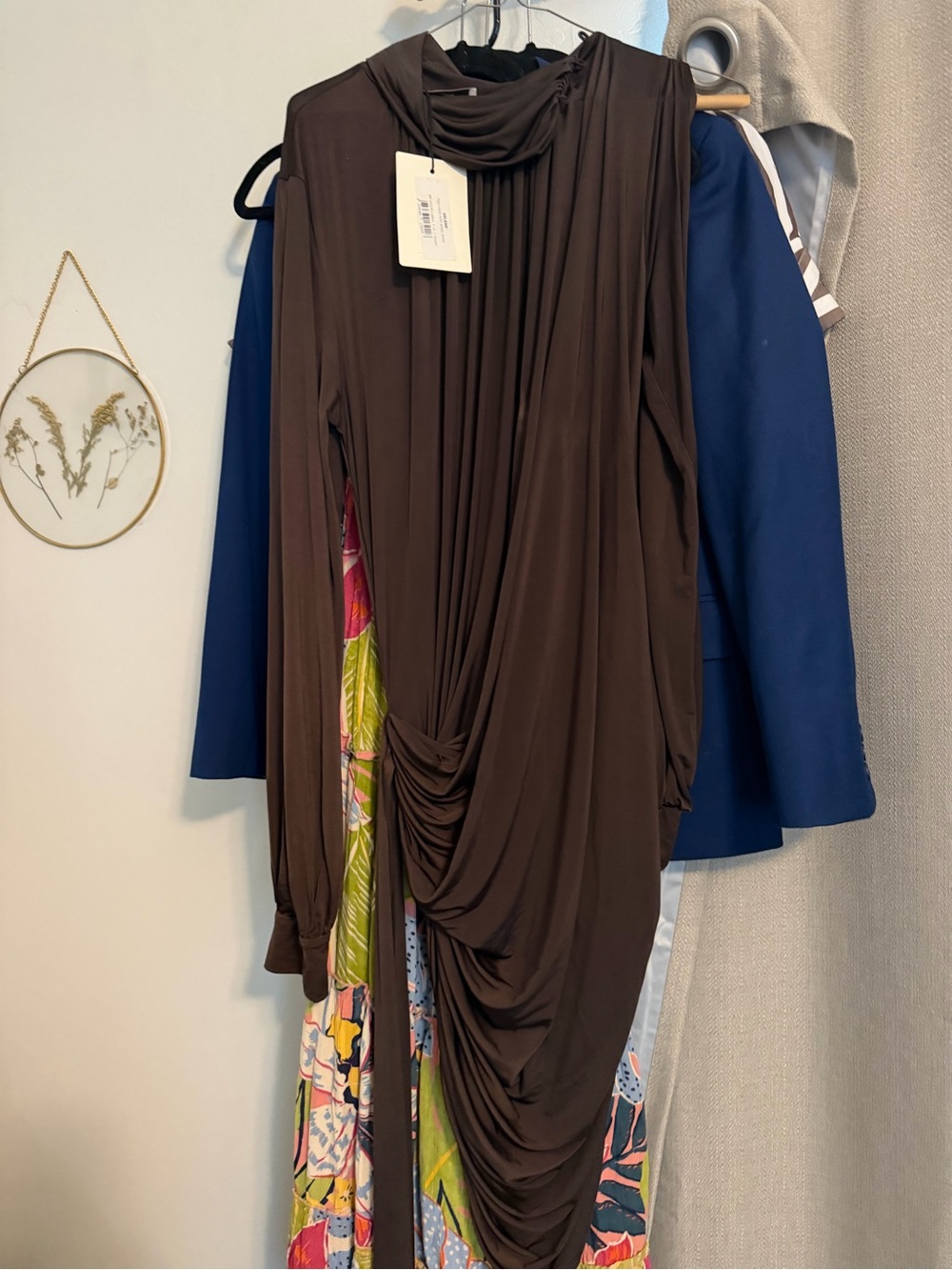 SIEDRES Brown Pleated Dress with Draped Neckline